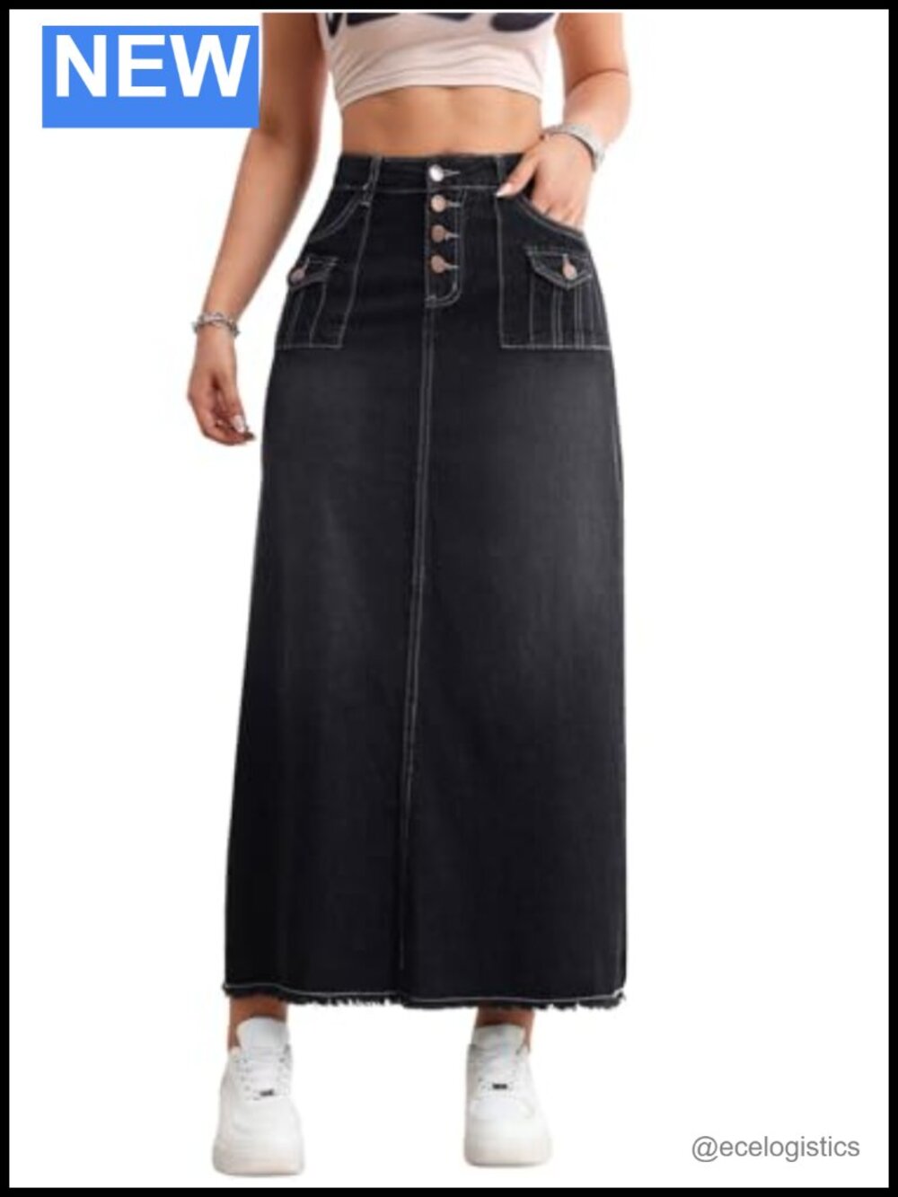 Vintage High Waist Button Fly Frayed Hem A-Line Maxi Denim Skirt Pockets